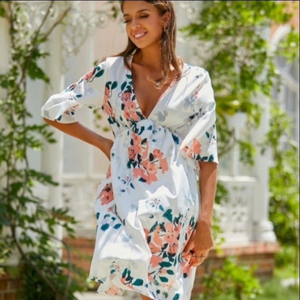Ladies Medium V-neck White Hawaiian babydoll dress with bell sleeves NWOT [43]
